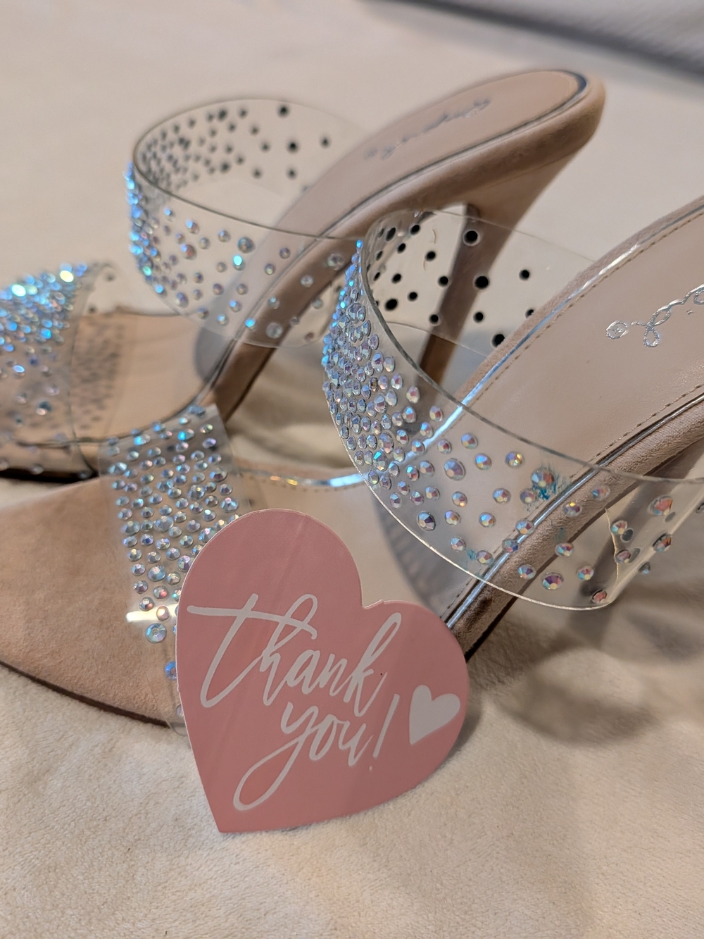 Cupid Clear Crystal Slide Heels - Nude Pink Accents